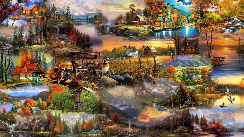 Fall Country Collage, oiseaux, granges, automne, animaux sauvages, peintures, pays, collage, thème Firefox, arbres, fermes, automne, nature Fond d'écran HD