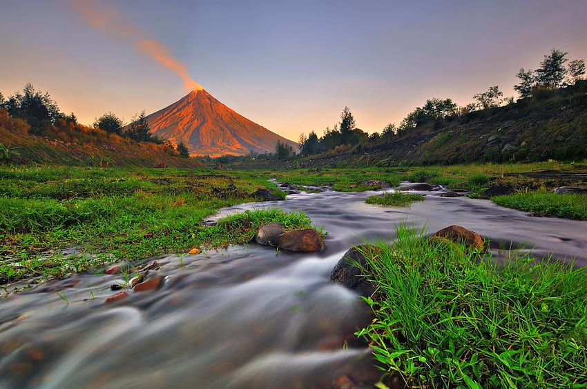 landscape, Nature, Mountain, River, Creek, Grass, Volcano, Mayon, Volcano, Philippines / and Mobile Background HD wallpaper