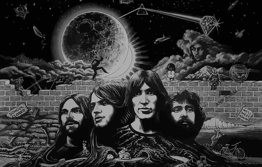 Фигура, Музика, Луната, Триъгълник, Пинк Флойд, Изкуство, Призма, Рок, Тъмната страна на Луната, Музиканти, Пинк Флойд, Тъмната страна на Луната, Триъгълна призма за , раздел музика, Pink Floyd Animals HD тапет