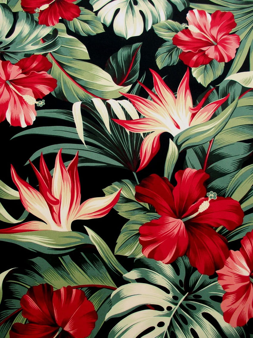 Tecido vermelho hibisco floral em preto Tropical Hawaii Bird of. Aves do paraíso flor, flor do paraíso, pássaro, estampa havaiana vermelha Papel de parede de celular HD