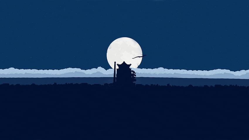 Moon, night, silhouette, castle, minimal HD wallpaper