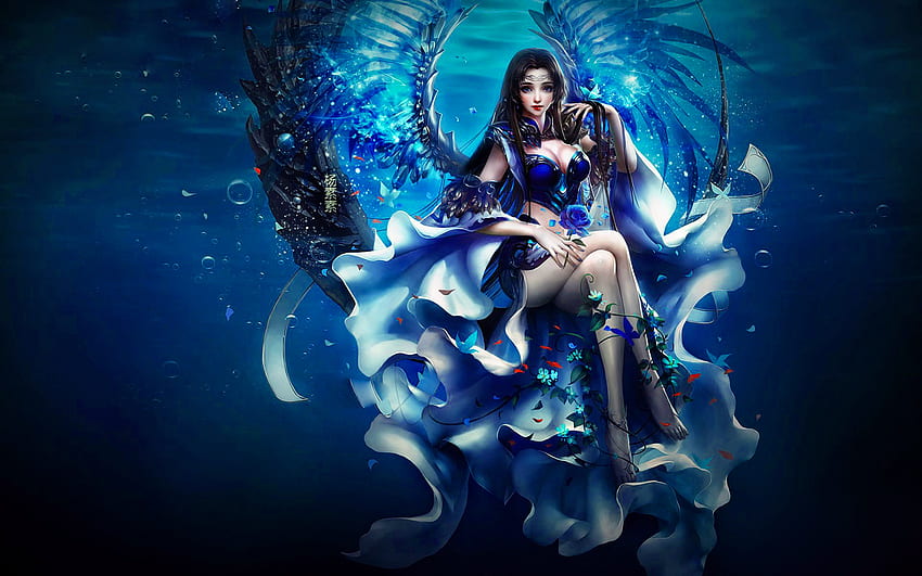 Blue Fantasy Girl, blue, digital, fantasy, pretty, art, beautiful, girl, woman HD wallpaper