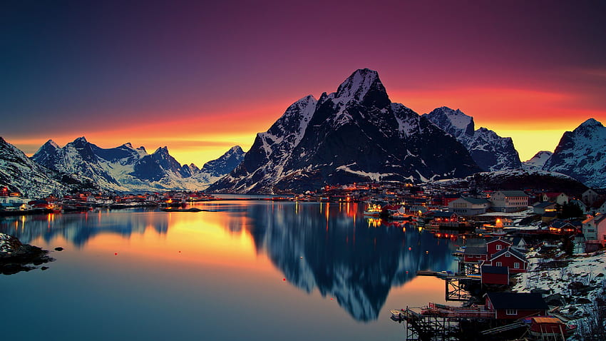 ノルウェー、ロフォーテン諸島、ヨーロッパ、山、海、島の日の出 高画質の壁紙
