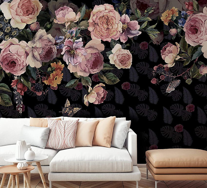 Murwall Koyu Çiçekli Vintage Pembe Çiçek Duvar leri Tüy Desen Duvar Baskısı Klasik Ev Dekorasyonu Cafe Tasarımı Oturma Odası Giriş Yolu : El Yapımı Ürünler, Yazdırılabilir Çiçek HD duvar kağıdı