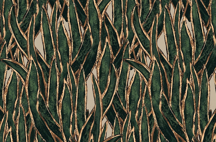 Tropisches Laub, Grün & Gold, Abnehmbar, ArtDeco, , Goldene Palmenblätter HD-Hintergrundbild