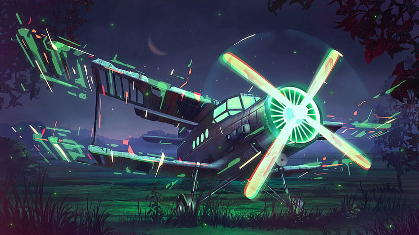 Kunst, Nacht, Glühen, Flugzeug, Flugzeug, Propeller HD-Hintergrundbild