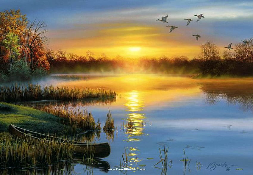 Darrell Bush / Flying Ducks, kaczka, Darrell Bush, ptak, jezioro, zachód słońca Tapeta HD