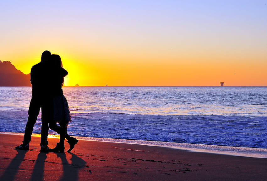 Sunset, Love, Shore, Bank, Couple, Pair, Silhouettes, Embrace HD wallpaper