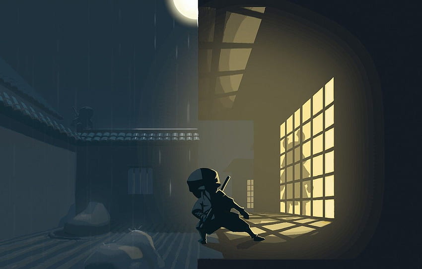 light, night, house, silhouette, window, ninja, Mini Ninjas for , section игры, Beautiful Ninja HD wallpaper