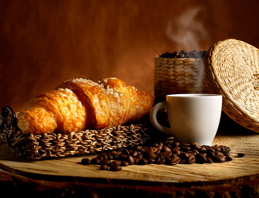 Breakfast, coffee, Croissant, pastry, food, drink HD wallpaper