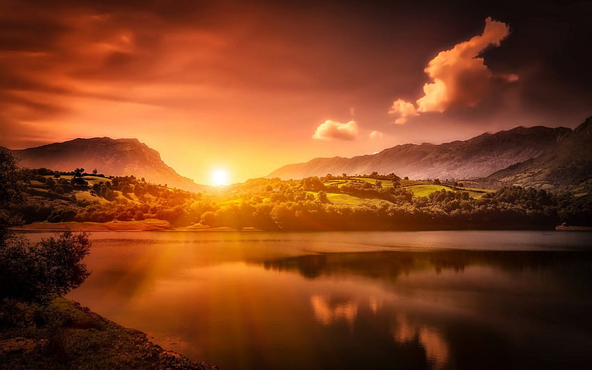 Matahari Terbenam, Danau, Alam, Gunung Wallpaper HD