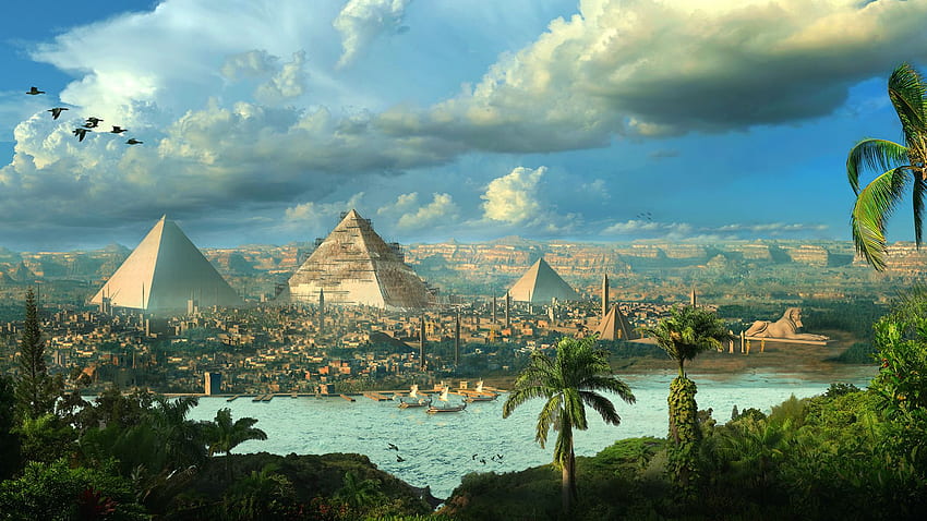 Mesir, lanskap kota, piramida, fantasi, seni, Mesir Wallpaper HD