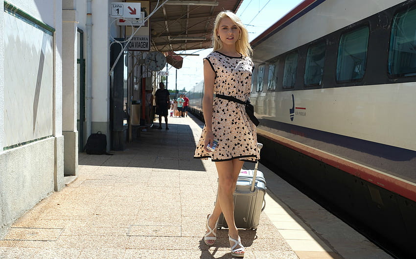 Chloe Catching the Train, train, model, dress, blonde HD wallpaper