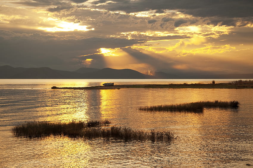 Nature, Sunset, Mountains, Gold, Lake, Boat, Golden HD wallpaper