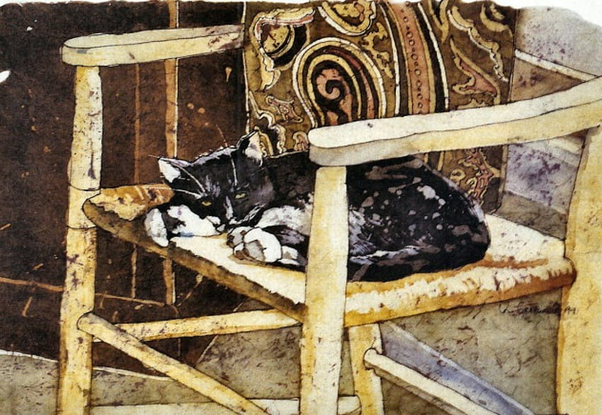 Napping Cat F2, animal, obra de arte, ancha, pintura, arte, gato, felino, mascota fondo de pantalla