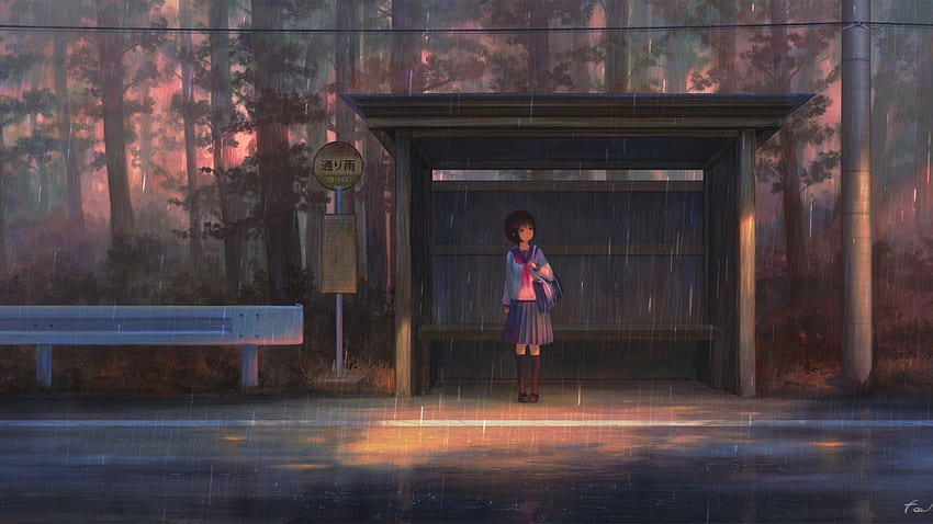 Аниме момиче, автобусна спирка, дъжд, училищна униформа, момиче Лофи HD тапет