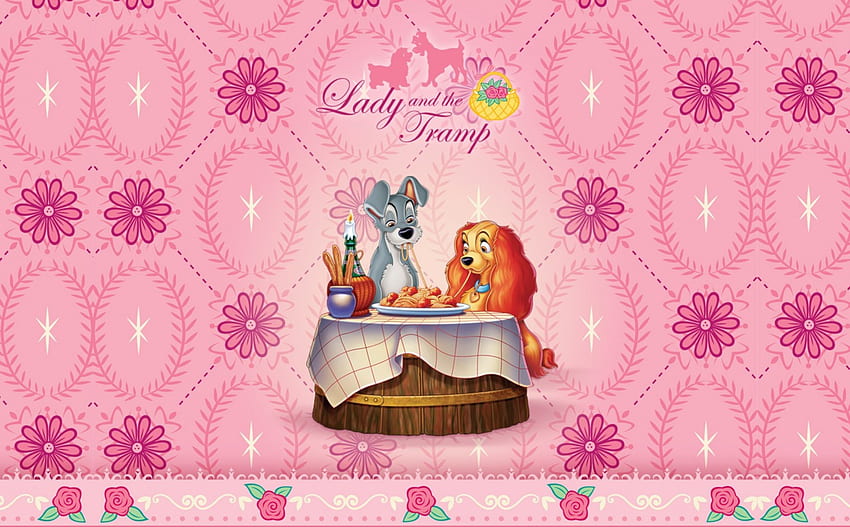 ~Lady & The Tramp~, sweet, dinner, classic, Tramp, dogs, romance, pink, Disney, movie, flowers, Lady HD wallpaper