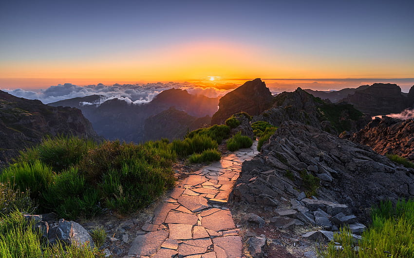 Pico do Arieiro, , sunrice, beautiful nature, portuguese landmarks, Madeira Island, Portugal, Europe, mountains HD wallpaper