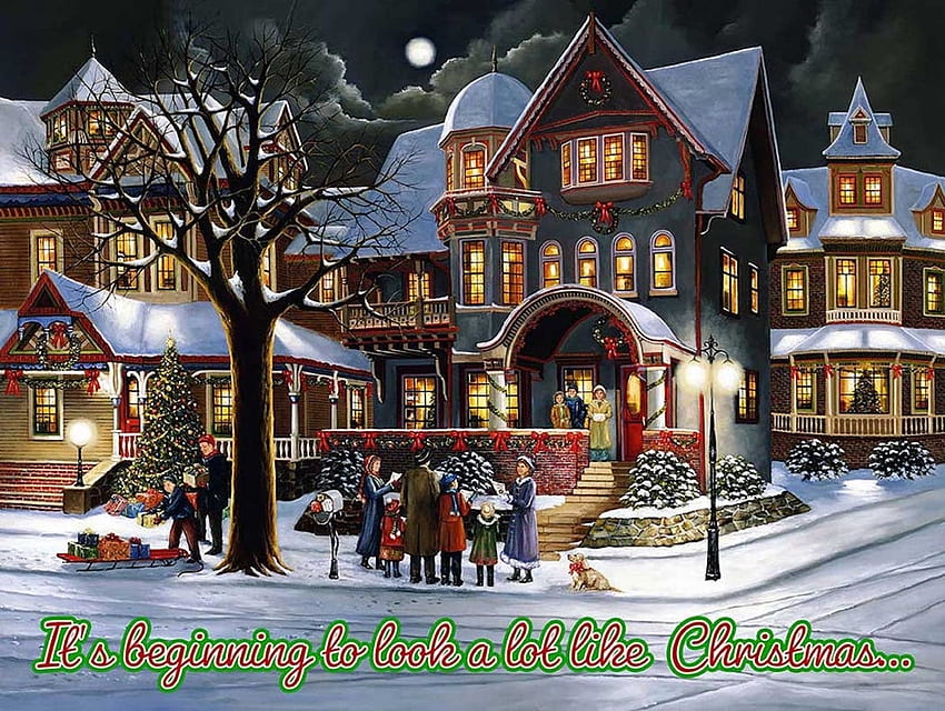 It's Beginning to Look A Lot Like Christmas..., tree, snow, christmas, carol singers, presents, decorations HD wallpaper
