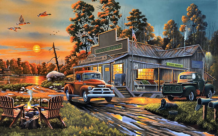 Fresh Produce at the General Store F1, architecture, art, fishing, landscape, beautiful, artwork, scenery, wide screen, painting, general store, pickups, hunting HD wallpaper