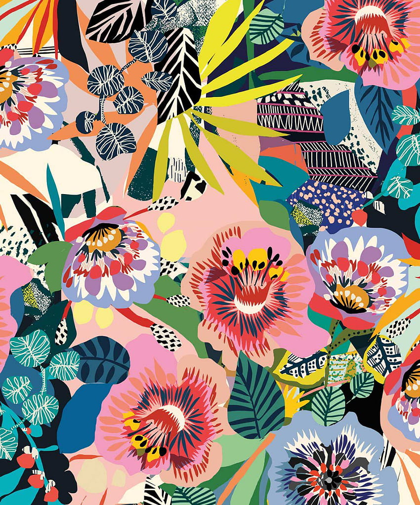 Sommergarten • Mutiges, skurriles Blumenmuster im Jahr 2020. Modernes, farbenfrohes Blumenmuster HD-Handy-Hintergrundbild
