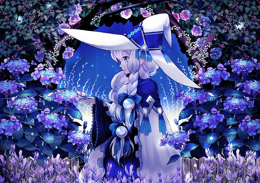 Witch Garden, silver hair, blue, madien, flowers, long hair, beauty, nice, witch, rose, lady, cg, flower, magic, , hat, female, flowers, sweet, magic, garden, girl, Beautiful, anime girl 、アニメ、かわいい、素敵な植物 高画質の壁紙