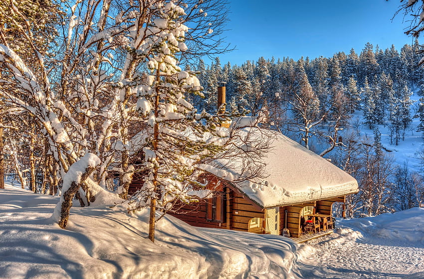 Snowy mountain cabin, wooden, winter, frost, cold, beautiful, mountain, cabin, snow, hut, chalet HD wallpaper