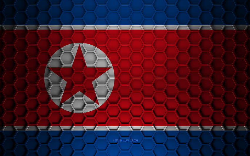 북한 국기, 3d 육각형 질감, 북한, 3d 질감, 북한 3d 깃발, 금속 질감, 북한의 국기 HD 월페이퍼