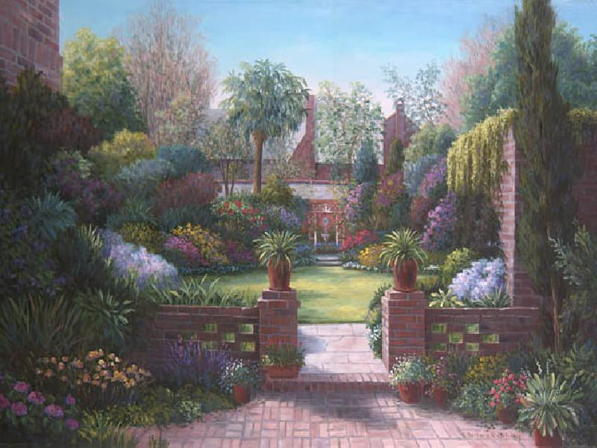 Charleston Garden, sidewalk, house, garden, step, blossoms, trees, flowers, wall, bricks HD wallpaper