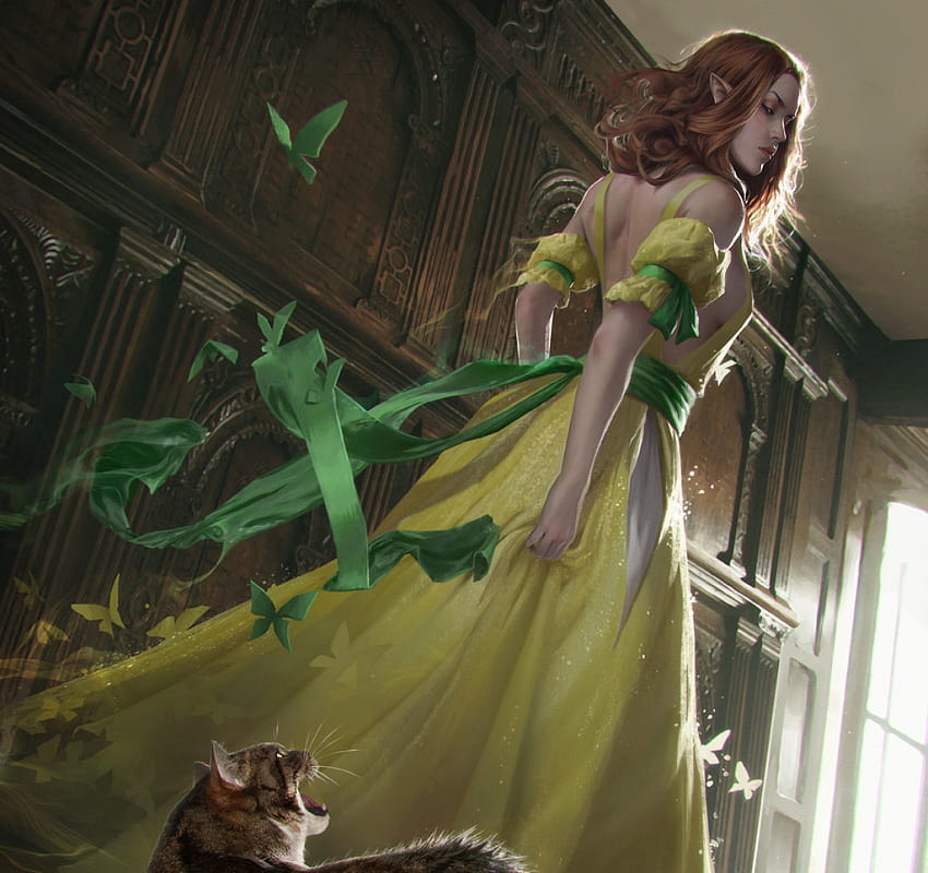 Fantasy girl, view from down, bird, anna podedworna, cat, girl, dress, fantasy, yellow, green HD wallpaper