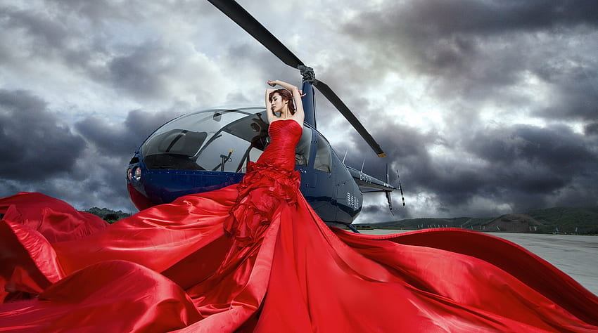 아름다움, 모델, 아시아, 드레스, 소녀, 여자, 헬리콥터, 빨강, 하늘, 구름 HD 월페이퍼