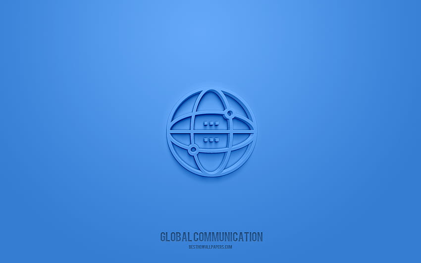 globale Kommunikation 3D-Symbol, blauer Hintergrund, 3D-Symbole, globale Kommunikation, Technologie-Symbole, 3D-Symbole, globales Kommunikationszeichen, Technologie-3D-Symbole HD-Hintergrundbild