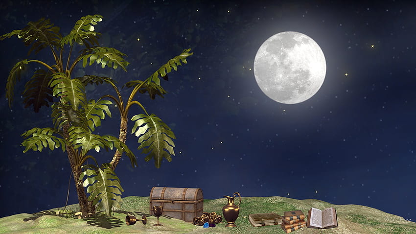 Wyspa skarbów, noc, błękitne niebo, księżyc w pełni, książki, złote monety, kufer, dzban i puchary, drzewo Tapeta HD