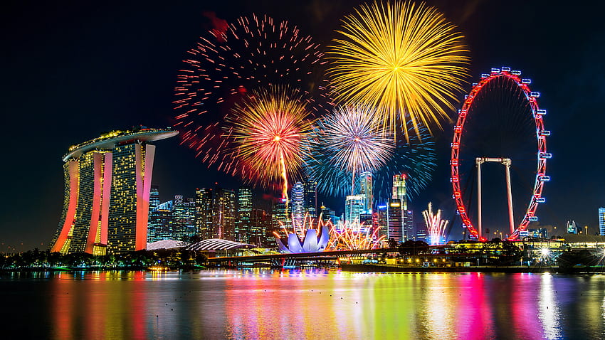Marina Bay Sands Night Colorful Fireworks Background Reflection On Water graphy graphy HD wallpaper