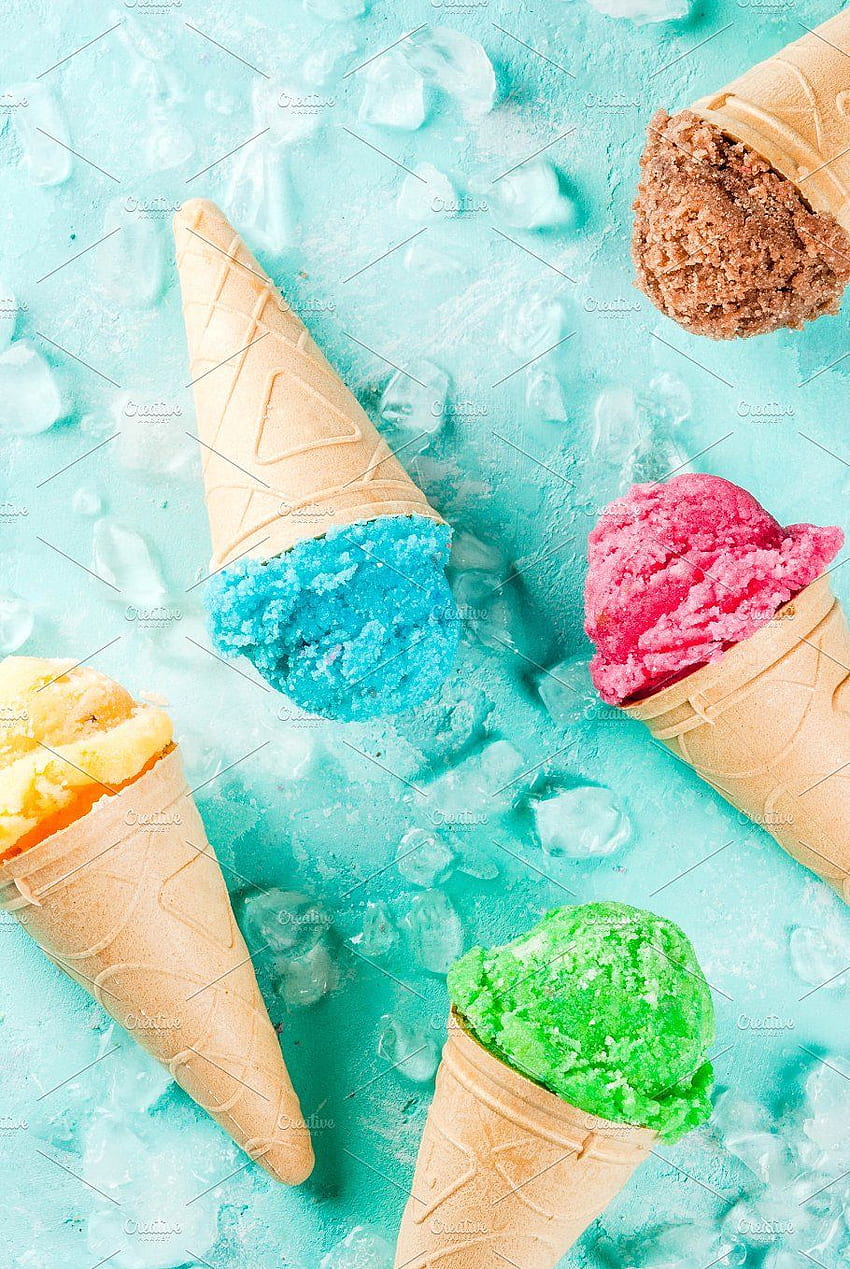 Комплект различни ярки сладоледи. Графика на сладолед, сладолед, цветен сладолед, син сладолед HD тапет за телефон