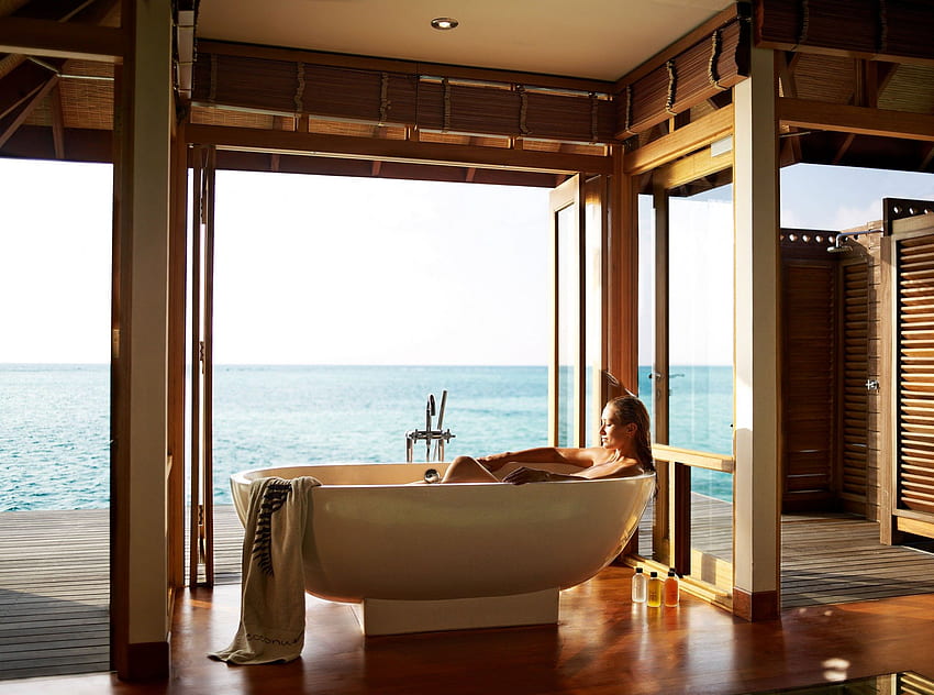 LUX Resort Maldives View from Water Villa, water bungalow, island, bathroom, bath, tropical, relaxation, bathe, relax, serene, Maldives, holiday, water, ocean, hot tub, sea, luxury, room, exotic, hotel, LUX, paradise, jacuzzi, suite, villa, lagoon, retreat, atoll, spa, peace, resort HD wallpaper