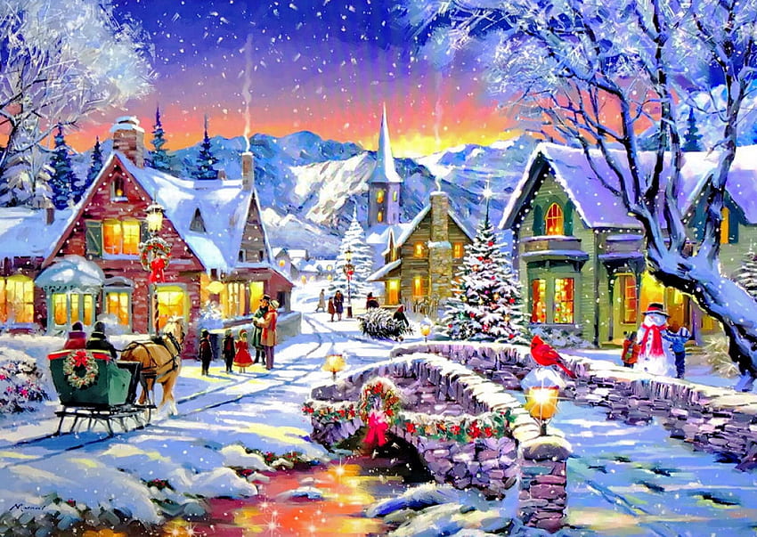 昔ながらのクリスマス、馬、家、雪だるま、アートワーク、そり、絵画、コテージ、雪、橋 高画質の壁紙