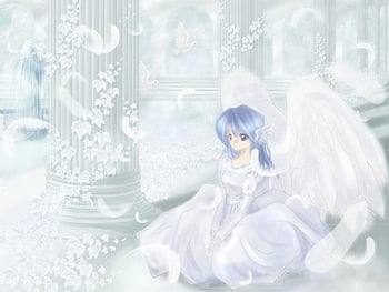 White Wedding, wings, white, feathers, girl, angel, dress, anime girl, white dress, anime, female HD wallpaper