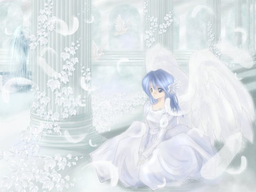 Weiße Hochzeit, Flügel, weiß, Federn, Mädchen, Engel, Kleid, Anime-Mädchen, weißes Kleid, Anime, weiblich HD-Hintergrundbild