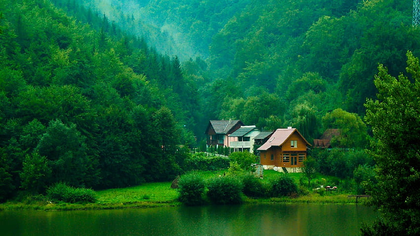 Hermoso paisaje naturaleza casas de madera árboles verdes arbustos lago grafía grafía fondo de pantalla