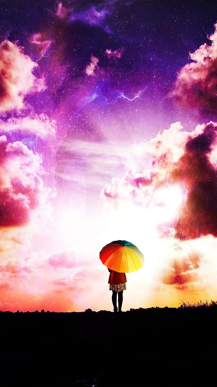 Lone Girl Colorful Umbrella Sunset Clouds Ultra Mobile HD phone wallpaper