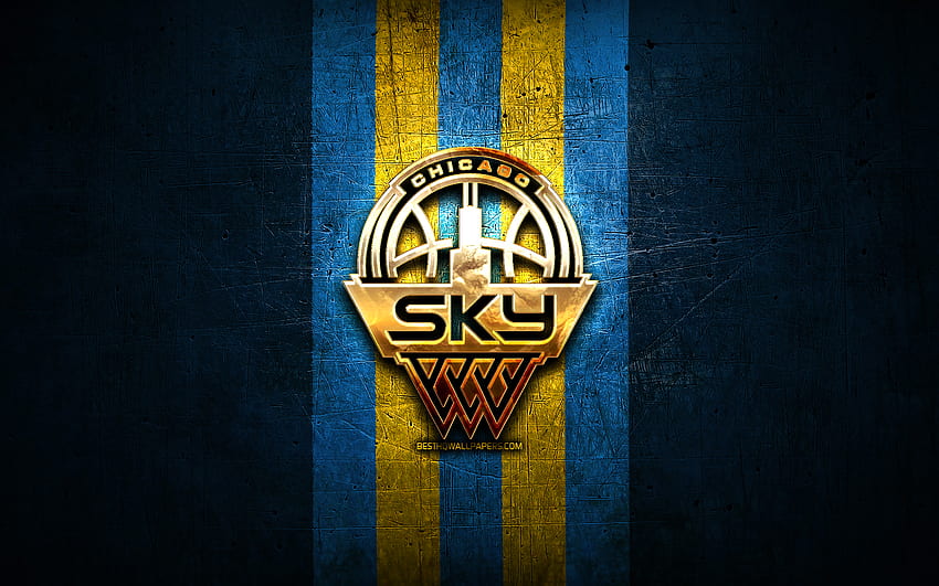 Чикаго Скай, златно лого, WNBA, син метален фон, американски баскетболен отбор, лого на Чикаго Скай, баскетбол HD тапет