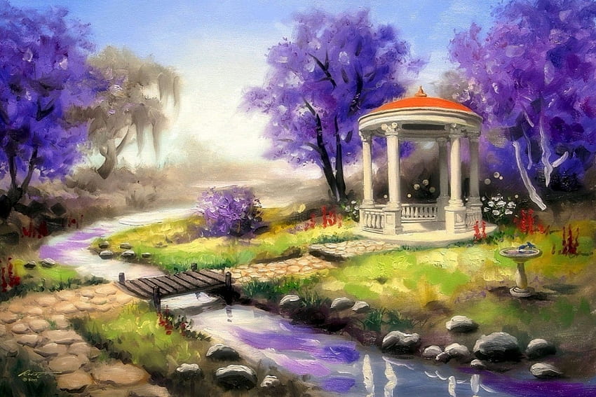 Gazebo di Taman, atraksi dalam mimpi, gazebo, taman, lukisan, sungai, musim panas, cinta empat musim, alam, bunga Wallpaper HD