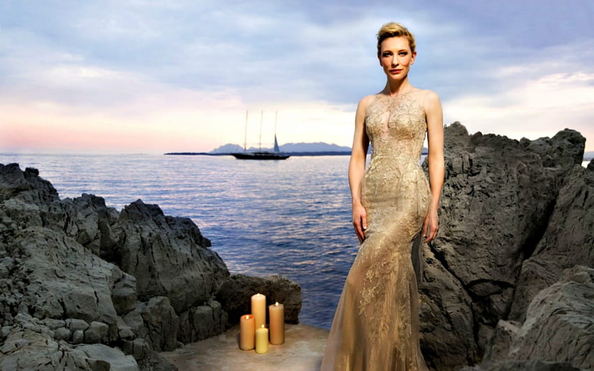 Cate Blanchett, morze, złoty, model, aktorka, sukienka, kobieta, skała, lato, kamień, świece, wieczór Tapeta HD