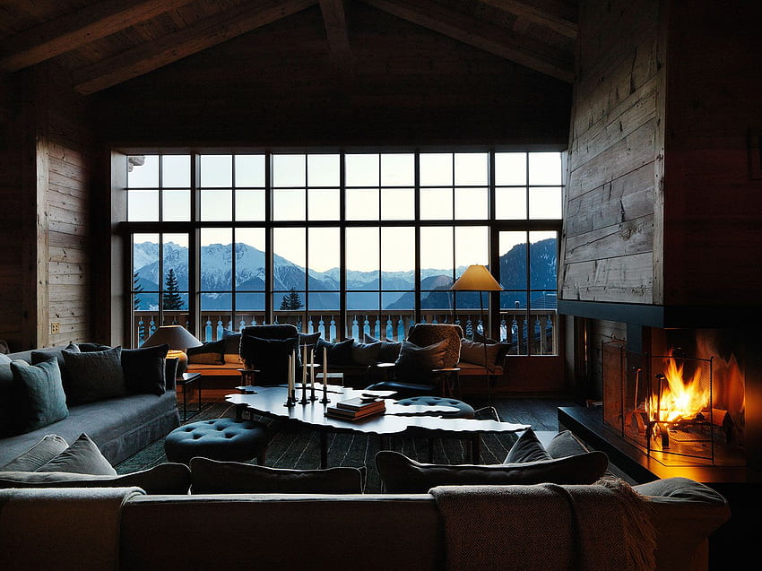 Cosy Winter Cabin View With Fireplace . HD wallpaper