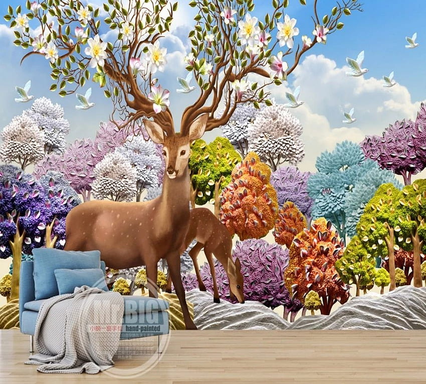 Shipping Nordic 3D Anaglyph Fantasy Forest Deer Sofa TV Background Wall Painting Colorfull Custom 3D Mural., Fantasy Spring HD wallpaper