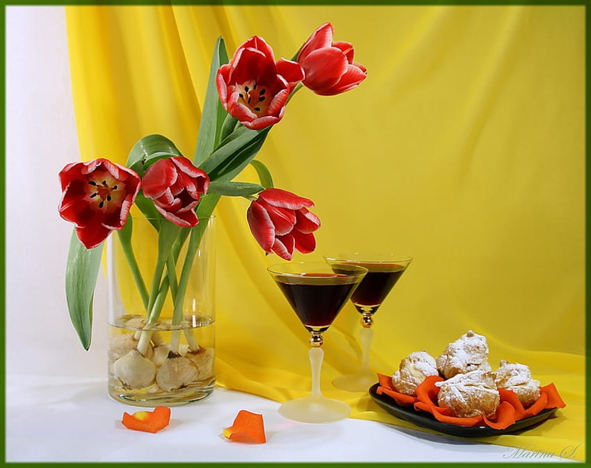 still life, graphy, tulips, beauty, nice, cups, delicate, petals, flower bouquet, sweets, vase, beautiful, food, pretty, red, romantic, flowers, lovely, wine, harmony, drink HD wallpaper