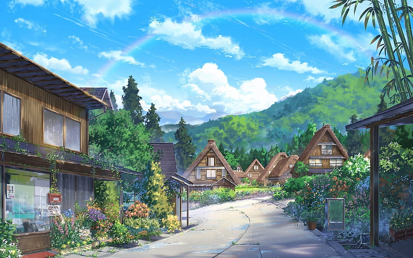 Anime Landscape, Houses, Scenic, Clouds, Nature para MacBook Pro de 15 pulgadas fondo de pantalla