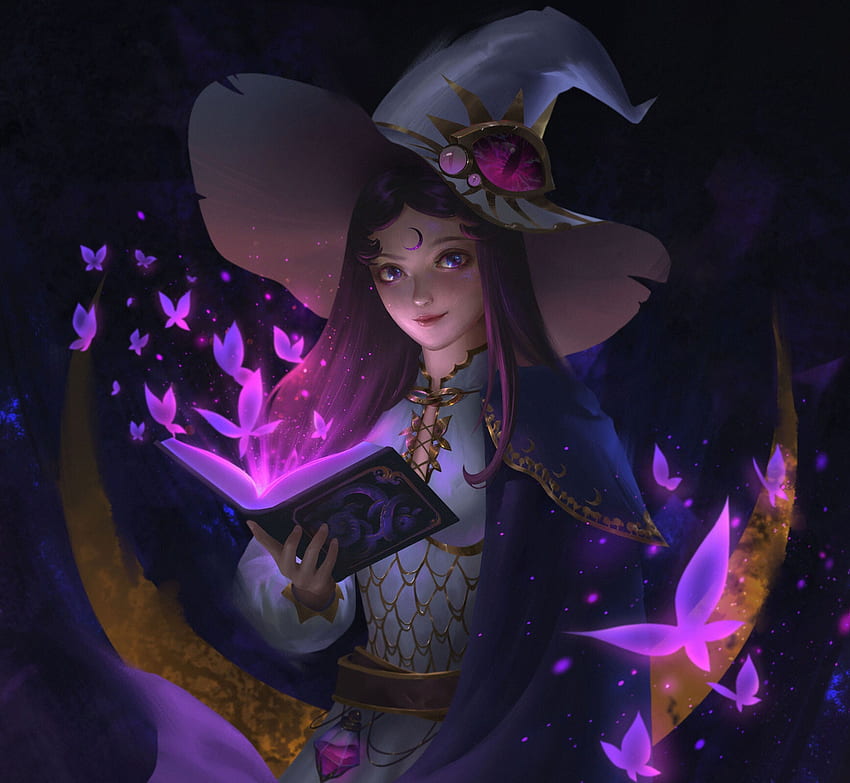 Witch, girl, luminita pham, dark, hat, art, halloween, purple, butterfly, fantasy, luminos HD wallpaper