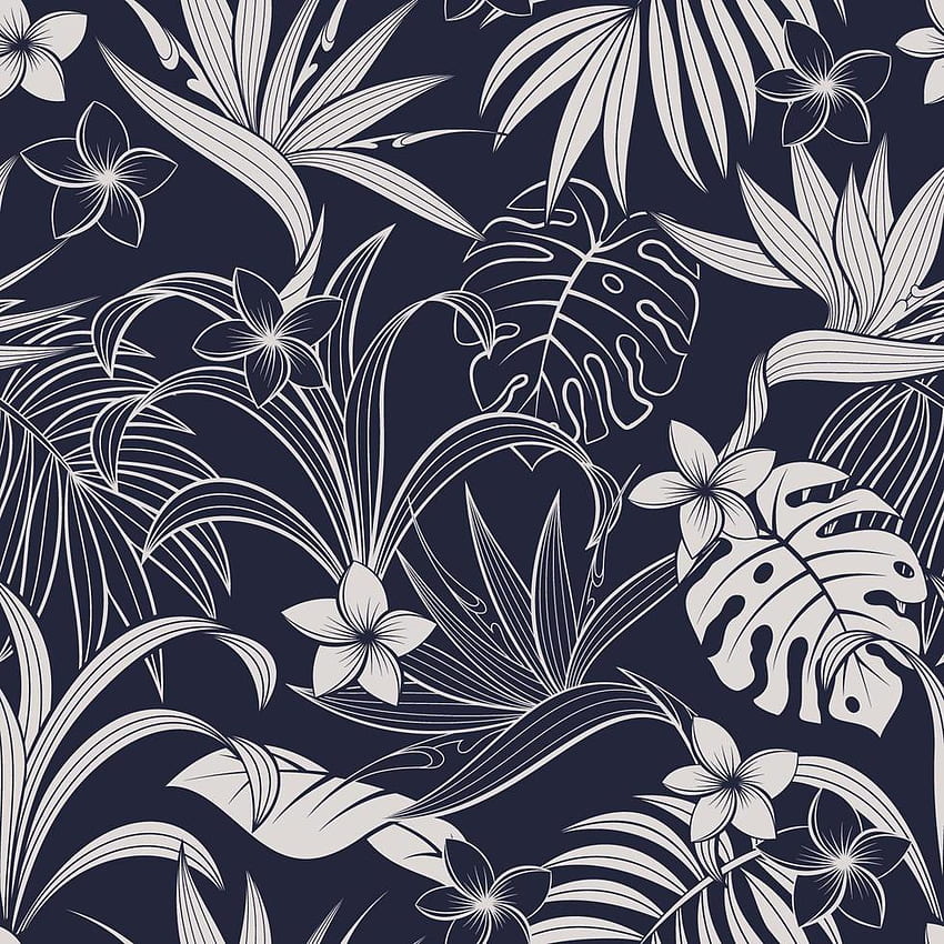Blue and white tropical leaf and flower pattern 1130740 Vector Art at Vecteezy, Black and White Tropical Flower HD phone wallpaper
